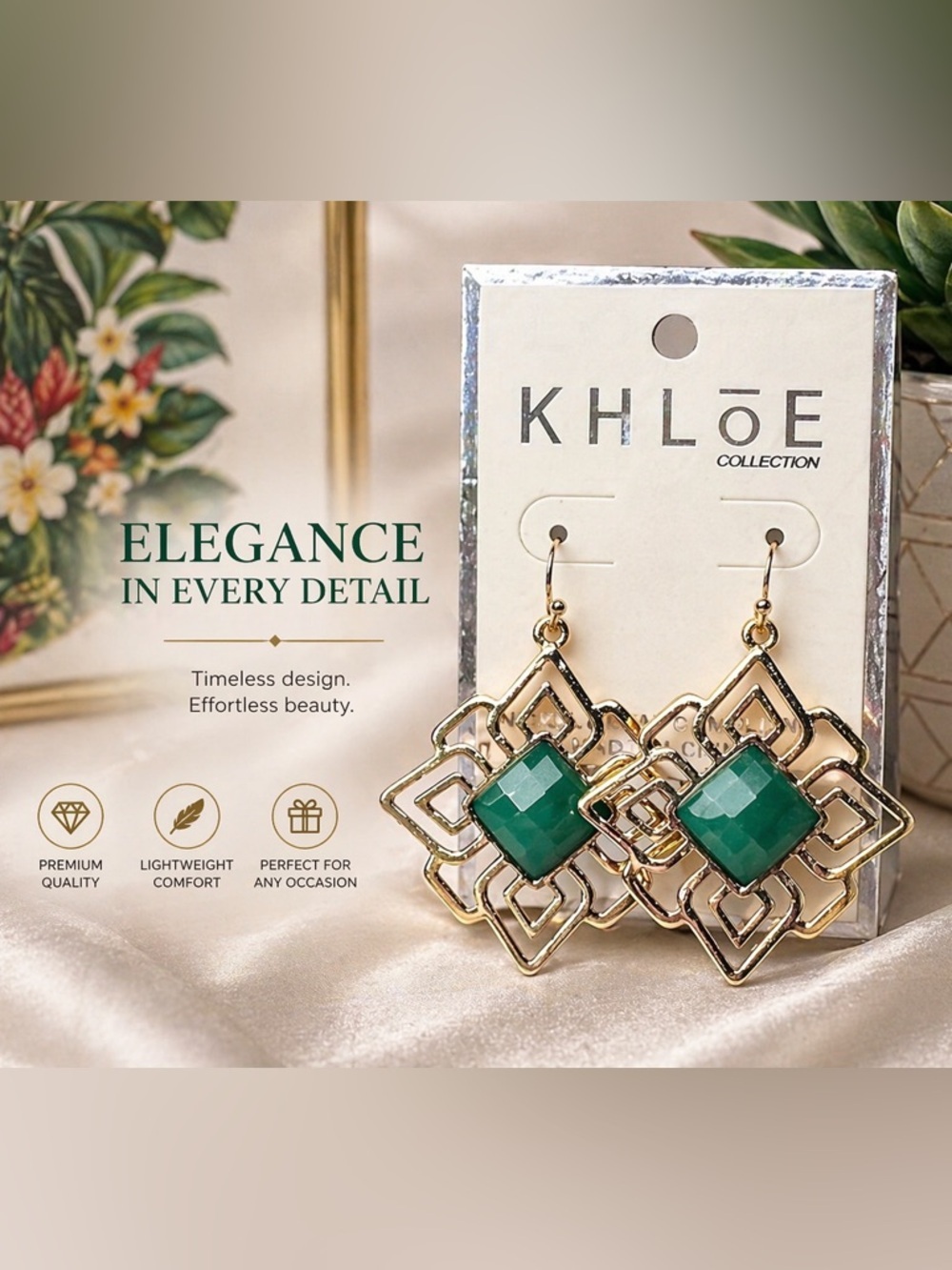 Khloe Collection Gold Geometric Green Statement Earrings Boho NWT Boutique Chic